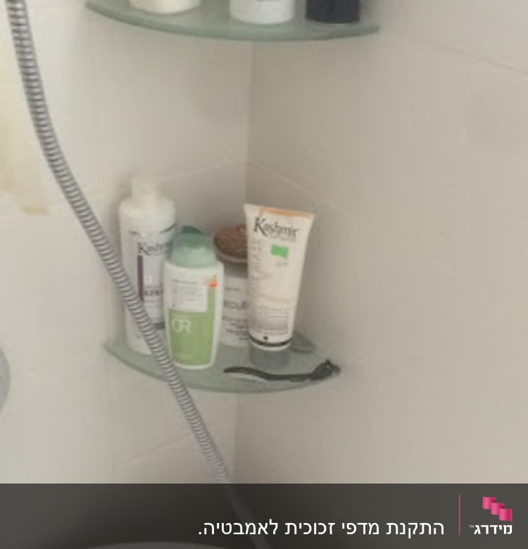 מדפי זכוכית בפינת מקלחת עם מוצרי טיפוח